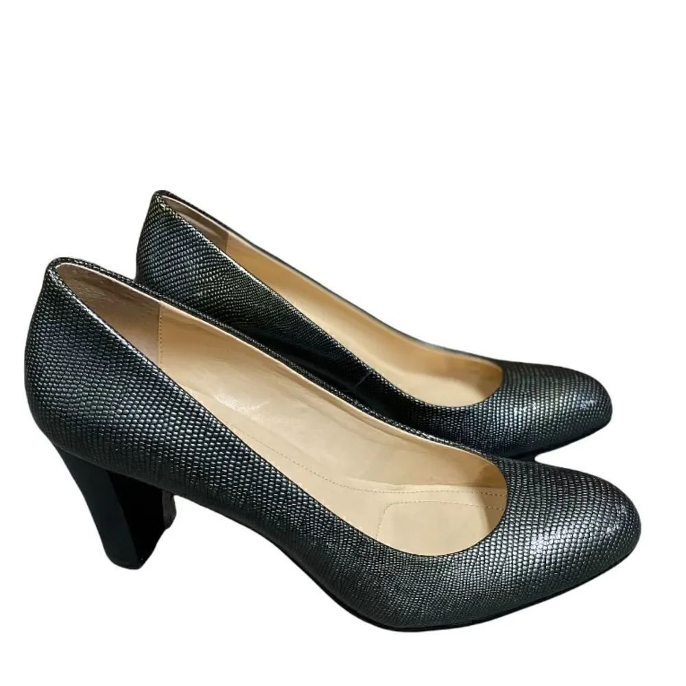 Calvin Klein Renni Olive Patent Leather Metallic Snakeskin Block Heel Si…